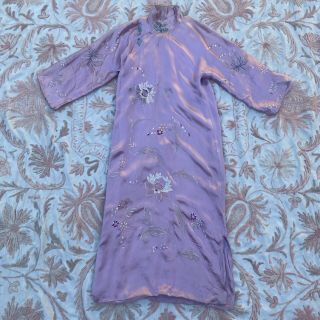 Antique Chinese Cheongsam Pink Lavender Silk Embroidered Qipao Ponku Closures