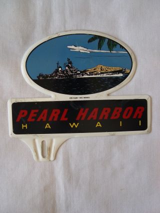 Vintage Pearl Harbor Hawaii Convex Metal Souvenir License Plate Topper