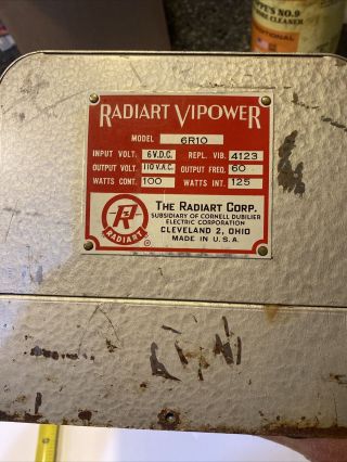 Vintage Radiart Vipower Voltage Converter Input 6dc Output 110v Ac Watts100