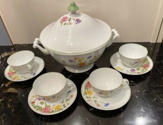 Vintage Denby Portugal Fine China Tea Cups Set Of 4 & Covered Bowl " Wonderland "