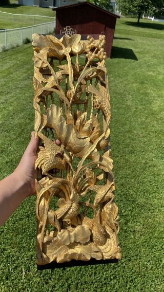 Old Chinese Hand Carved Gold Gilt Wood Wall Plaque Screen Openwork