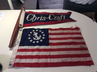 Vintage Chris - Craft Boat Flags Red White Blue Wooden Pole Burgee Pennant 1940 