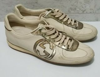 Vintage Gucci White/gold Leather Canvas Gg Sneakers Men 