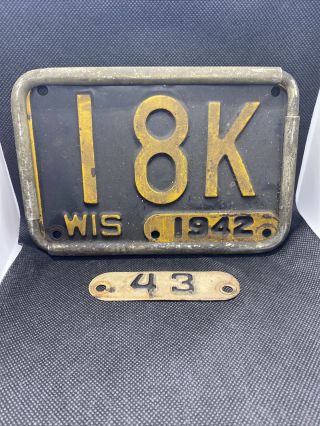 Vintage 1942 Wisconsin Motorcycle License Plate With 1943 Tag With Frame Rare