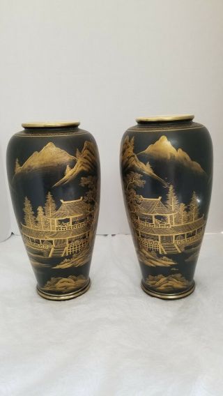 2 Japanese Antique Satsuma Vase,  Black And Gold Matte