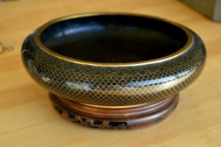 Black Cloisonné Fish Scales Bowl Ming Dynasty Happiness Four Character Mark 8 "