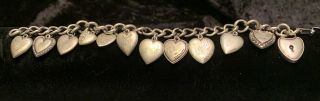 Vintage Sterling Silver 12 Puffy Heart Charm Bracelet Many Engraved Some Stones
