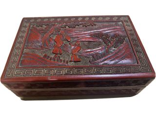 Antique Chinese Hand - Carved Cinnabar Red Lacquer Estate Box Design