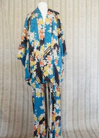 Vintage 1920s Turquoise Silk Robe Kimono Dressing Gown Floral Print