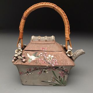 Rare Antique Banko Ware Japanese Teapot Teahouse With Birds And Blossoms