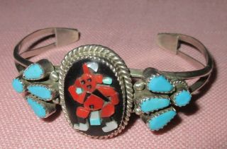 Vintage American Indian Zuni Silver Turquoise Coral Inlay Cuff Bracelet B Etsate