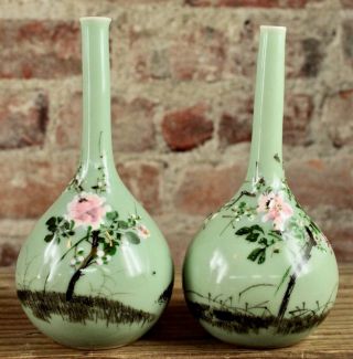 19th Century Chinese Antique Famille Rose Celadon Ground Bottle Vases