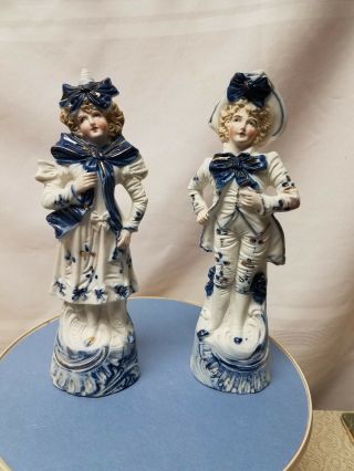 Victorian Figurines Man & Woman Blue White Gold 9.  5 " Vintage Ceramic/porcelain?