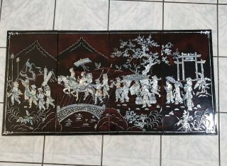 Set Of 4 Vintage Asian Lacquer Mother Of Pearl Wall Panels Art