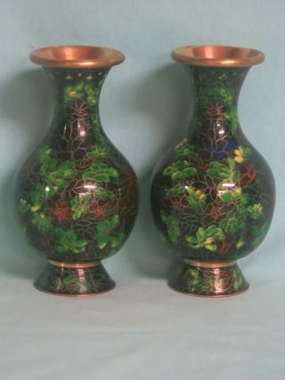 Vintage Green And Black Chinese Cloisonne Vases