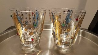 Culver Mardi Gras Pattern - Jester Cocktail - Low Ball Glass Vintage Set Of 2