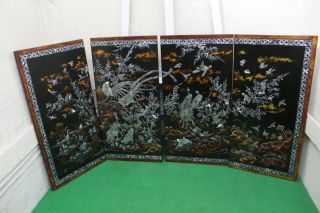 Chinese Black Lacquer Mother Of Pearl Inlaid 4 Panel Bird Themed Wall Display