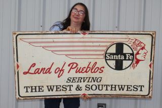 Large Vintage Santa Fe Land Of Pueblos Train Railroad Indian 48 " Metal Sign