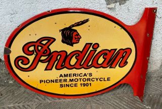 Vintage " Indian Motorcycle " Porcelain Enamel Sign 23 " X16 " X2 " Flange Double Sided