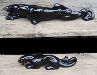 2 Vintage Mid - Century Art Deco Stalking Stealthy Black Panther Ceramic Figurines