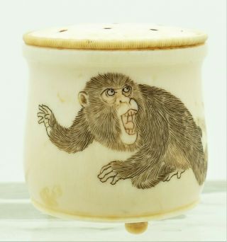 Antique Japanese Small Salt Shaker With Monkeys Meiji Period