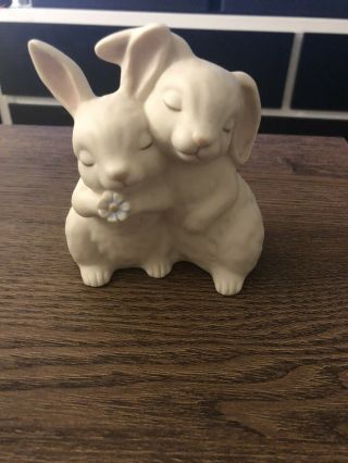 1990 Homco " He Loves Me " White Bunny Rabbits 4 " Porcelain Figurine