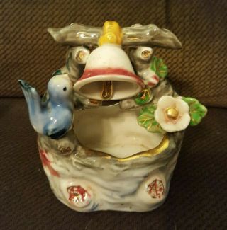 Vintage Porcelain Ceramic Planter With Bell,  Bluebird,  Vines And Flower,  Japan