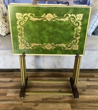 Vintage Set Of 4 Metal Tv Trays W Stand Wheels Hunter Green Gold Accents Mcm Vgc