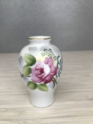 Miniature Vase Made In Occupied Japan Pink Flower Gold Painted Rim 2.  5 Inches