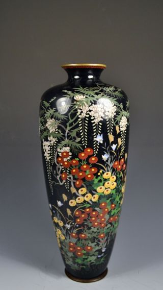 Fine Tall Silver Wire Antique Japanese Meiji Cloisonne Vase Signed Ota