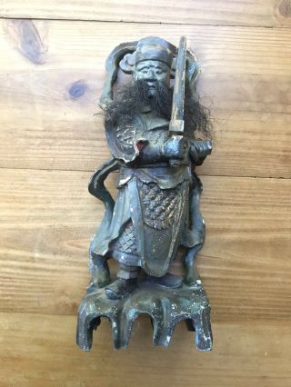 Antique Chinese Wood Lacquerware Guan Gong Yu Warrior God Statue 7.  5” Real Hair