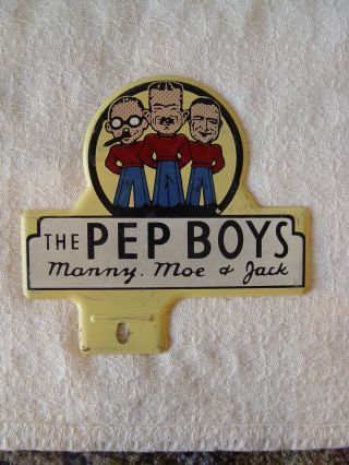 Vintage Pep Boys Auto Parts Manny Moe Jack Stamped Metal License Plate Topper