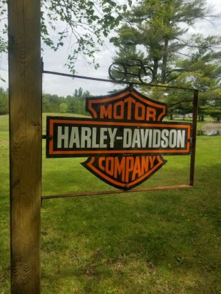 Vintage Harley Davidson Double - Sided Porcelain Sign With Bracket