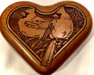 Sanko Music Box Heart With Cardinals 3 1/4” Wide,  2 1/2 Tall