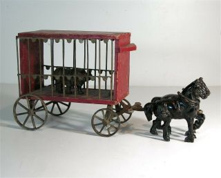 1920s Cast Iron Circus Rhinoceros Cage Wagon Toy By Arcade In Paint