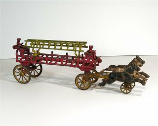 C1900 Cast Iron Horse Drawn Fire Engine Ladder Truck By Hubley In Paint