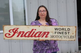 Large Vintage Indian Worlds Finest Motorcycles Gas Oil 41 " Metal Sign