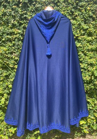 Vintage 70s Moroccan Blue Silham Cape Hooded Cloak Poncho Maxi Festival