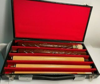 Vintage Five (5) Piece Pool Billiard Cue Stick With Case Wood Carved -