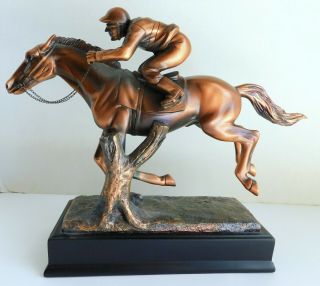 Copper Color Thoroughbred Horse & Jockey Racing Statue
