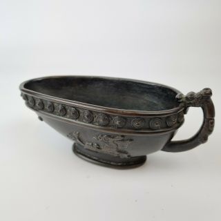 Vintage Chinese Bronze Gravy Boat With Dragon Handle 15cm Long X 6cm High