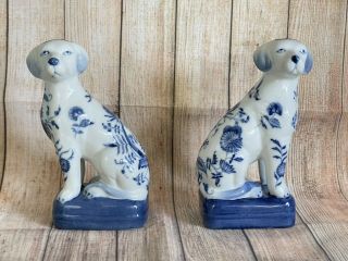 Wong Lee 1895 Porcelain Pair Cobalt Blue Floral Mantle Book End Dog Statues 8.  5 "