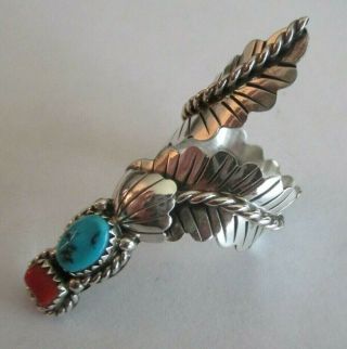 Unique Vintage Signed R Wylie Sterling Silver Navajo Turquoise & Coral Ring