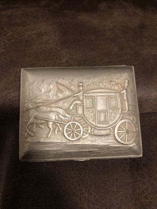 Vintage Japan Silver Tone Metal Trinket Box With Horse And Carriage Motif