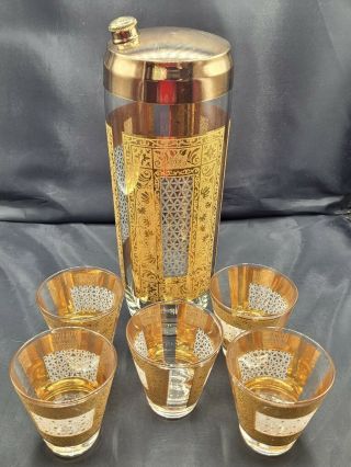Mcm Vintage Barware Pasinski Kashmir Pattern,  Cocktail Shaker 5 Highball Glasses