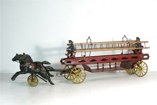 Massive 1890s Cast Iron Horse Drawn Fire Engine Ladder Truck By Wilkins 27 "