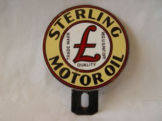 Vintage Sterling Motor Oil 2 - Piece Porcelain License Plate Topper Attachment