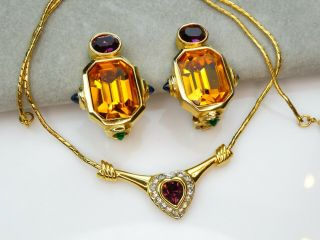 Rare Monet Maresco Vtg Amethyst Crytal Heart Emerald Gripoix Choker Earrings Set