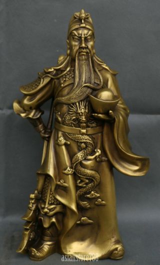 12 " China Pure Bronze Guan Gong Yu Warrior God Hold Yuanbao Knife Dragon Statue