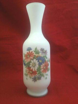 Norleans Italy Satin Frosted White Glass 10 " Vase Hand Painted Floral Design